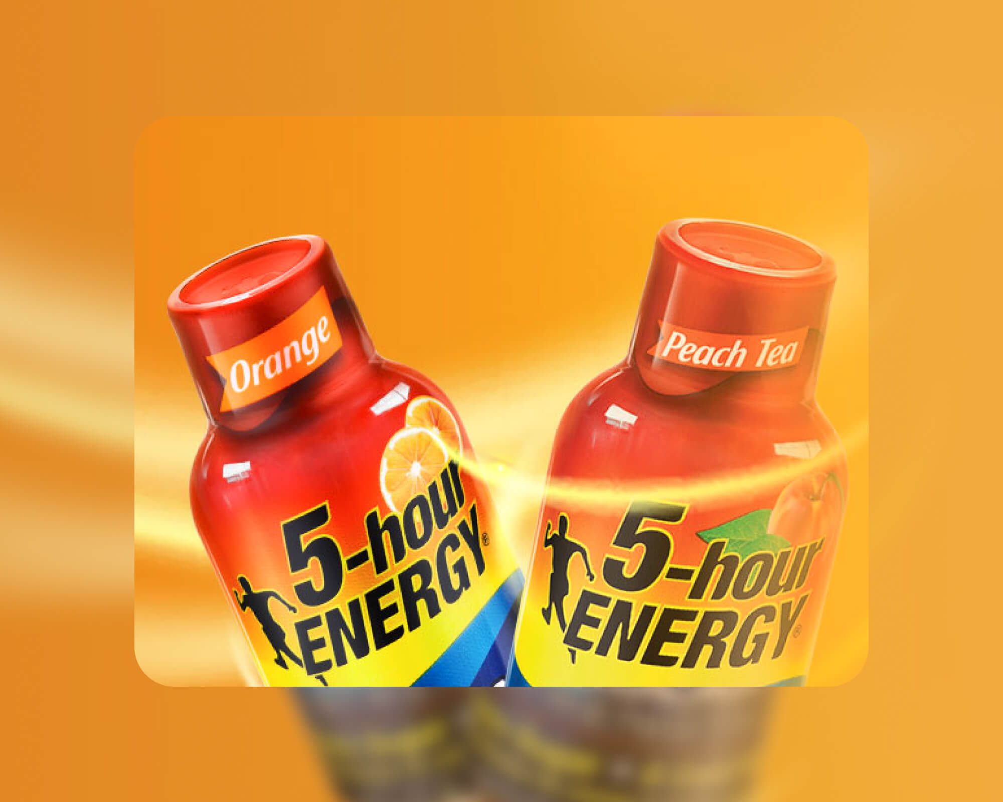Two bottles of 5-hour ENERGY drink in orange and peach tea flavors on orange background.