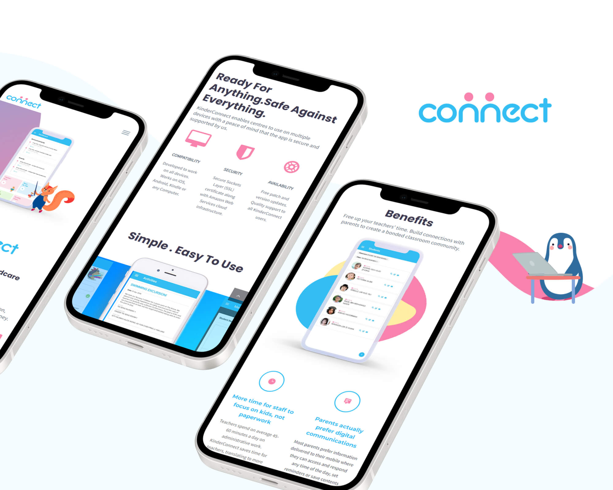 Three smartphones display a daycare management app interface with a penguin mascot.