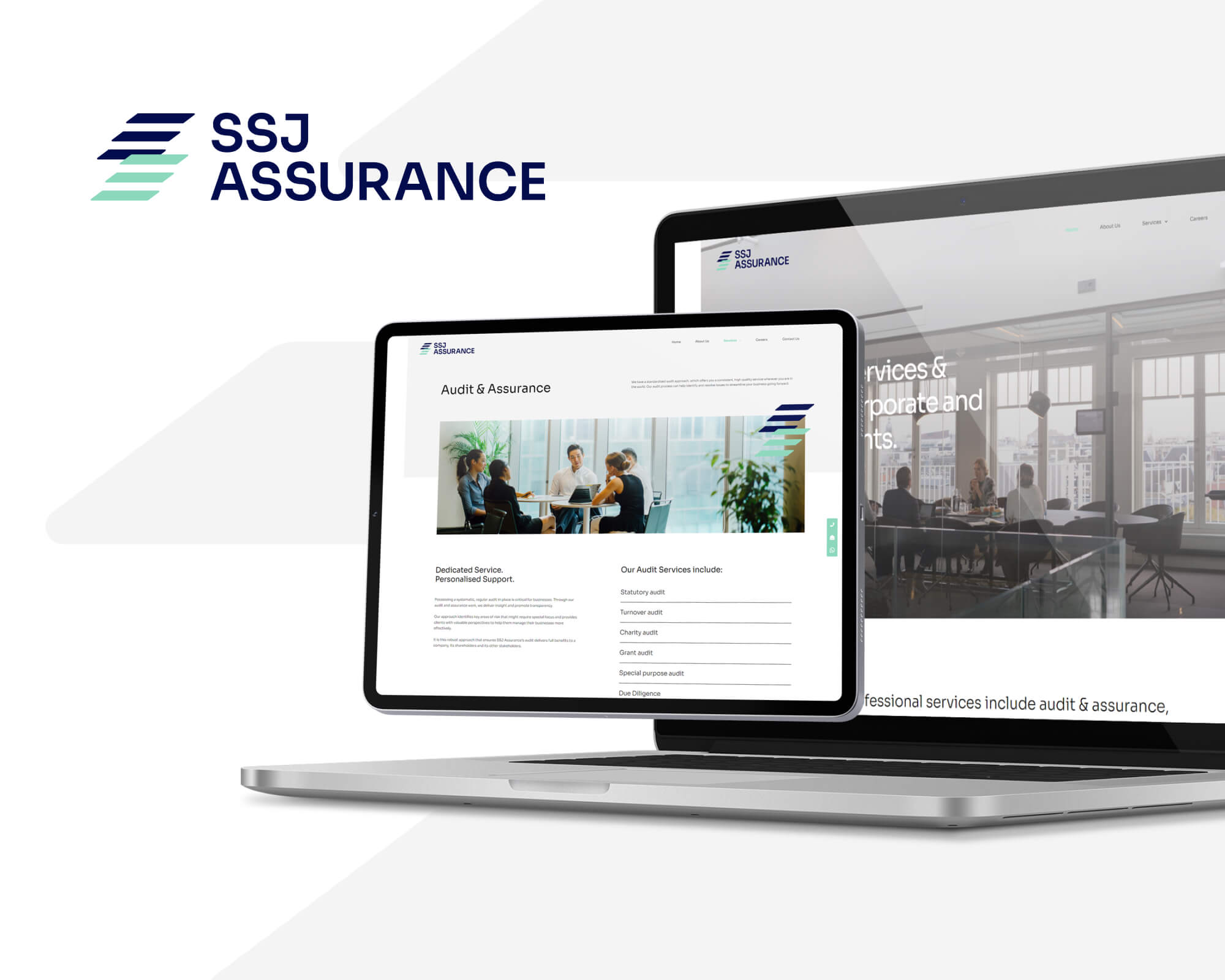 Laptop and tablet displaying SSJ Assurance website design.