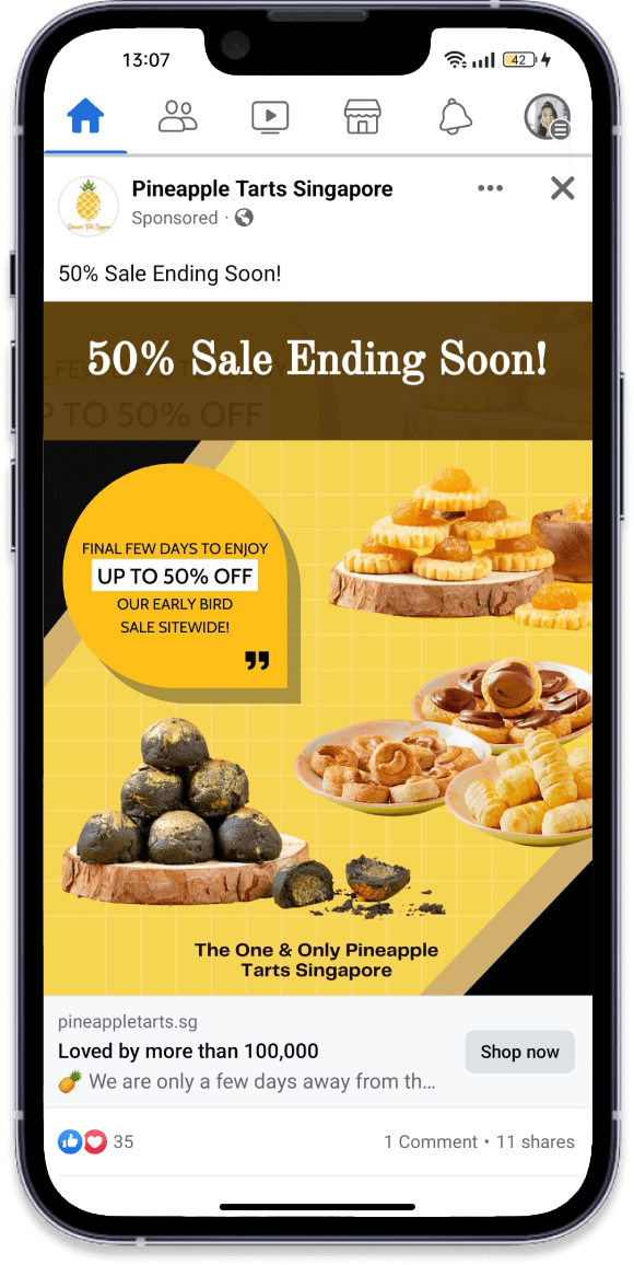 Sale announcement with various pineapple tarts on a mobile phone screen.