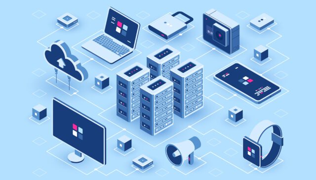 Illustration of technology devices connected in a digital network environment.