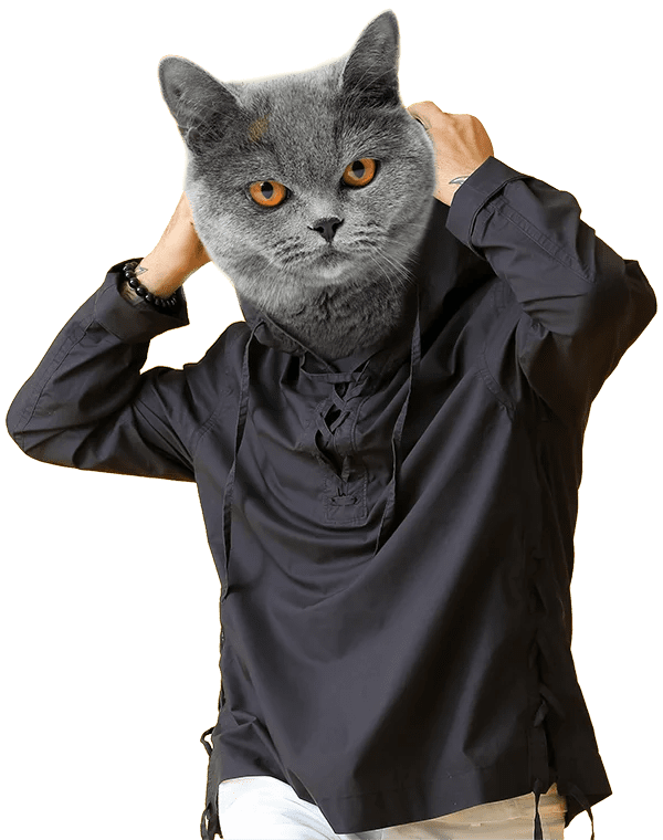Person with a cat head wearing a black jacket.