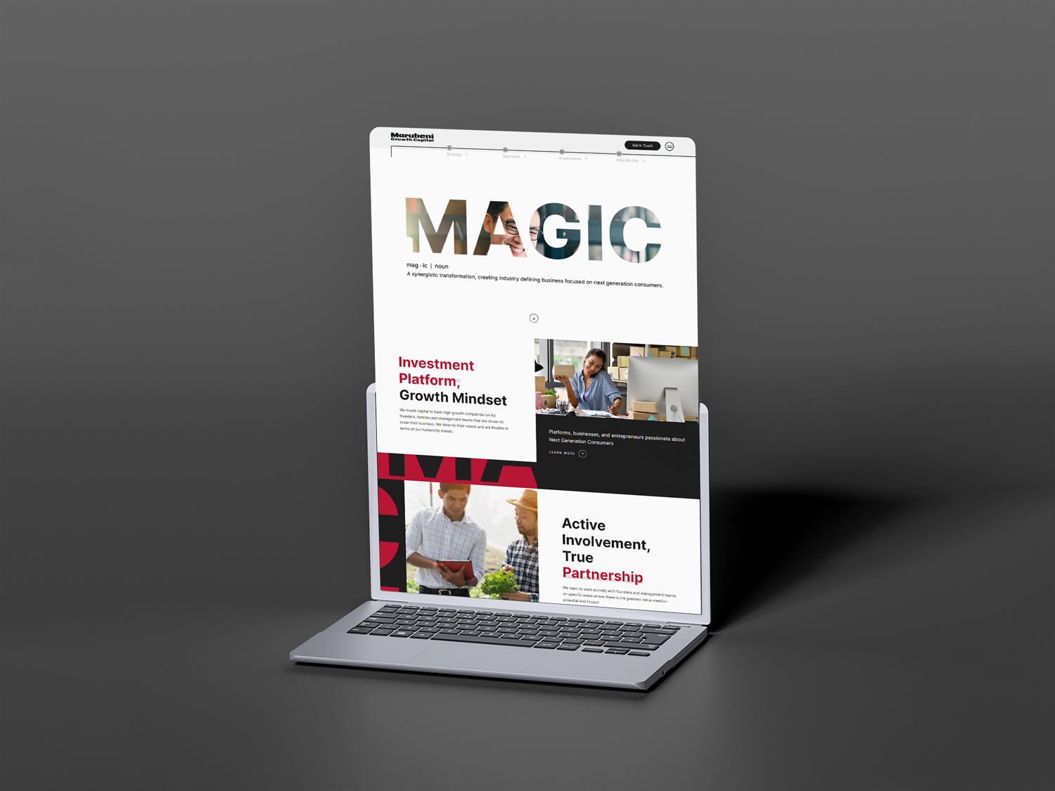 Laptop displaying San Bernardino website design business homepage in dark setting.