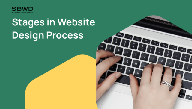 Hands typing on a laptop keyboard beside website design process text.