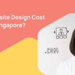 Woman pondering website costs with graphic elements and colorful background.