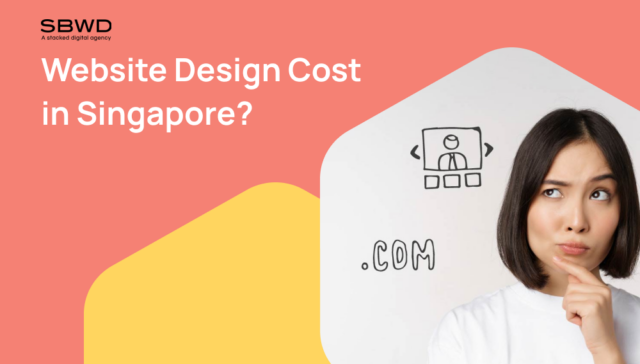 Woman pondering website costs with graphic elements and colorful background.