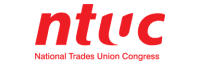 NTUC logo in bold red font representing a prominent Singapore organization.
