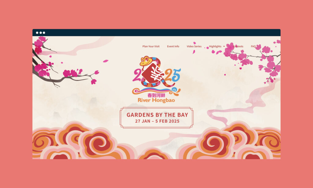 Colorful River Hongbao 2025 festival design with pink blossoms and event details.