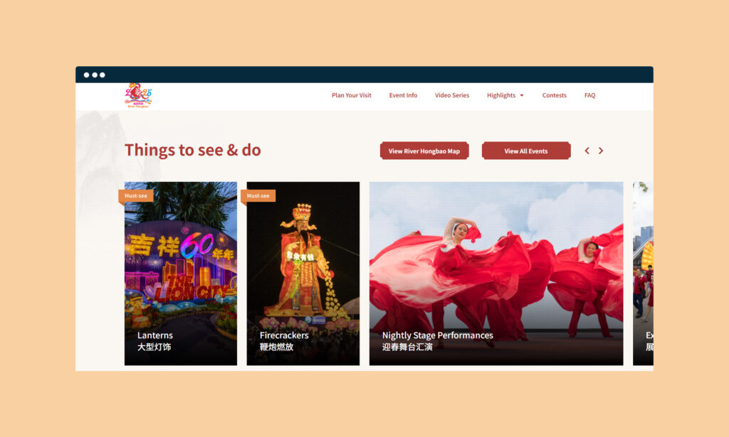Website design showcasing colorful cultural events in Singapore.