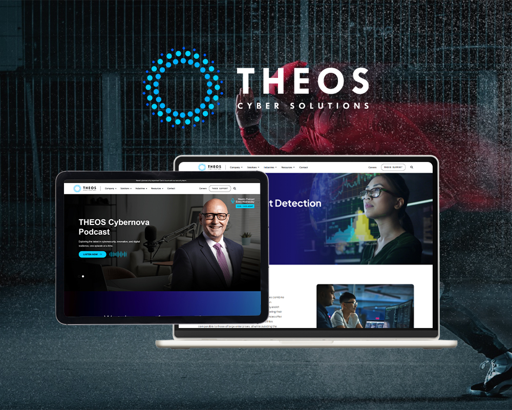 Web design showcasing Theos Cyber Solutions with podcast and threat detection.