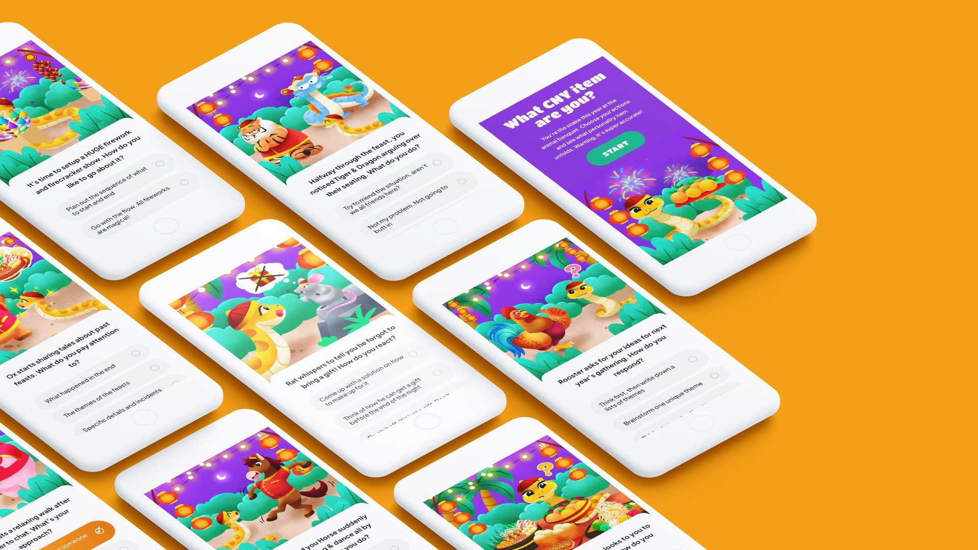 Colorful mobile app screens with festive illustrations on a vibrant orange background.