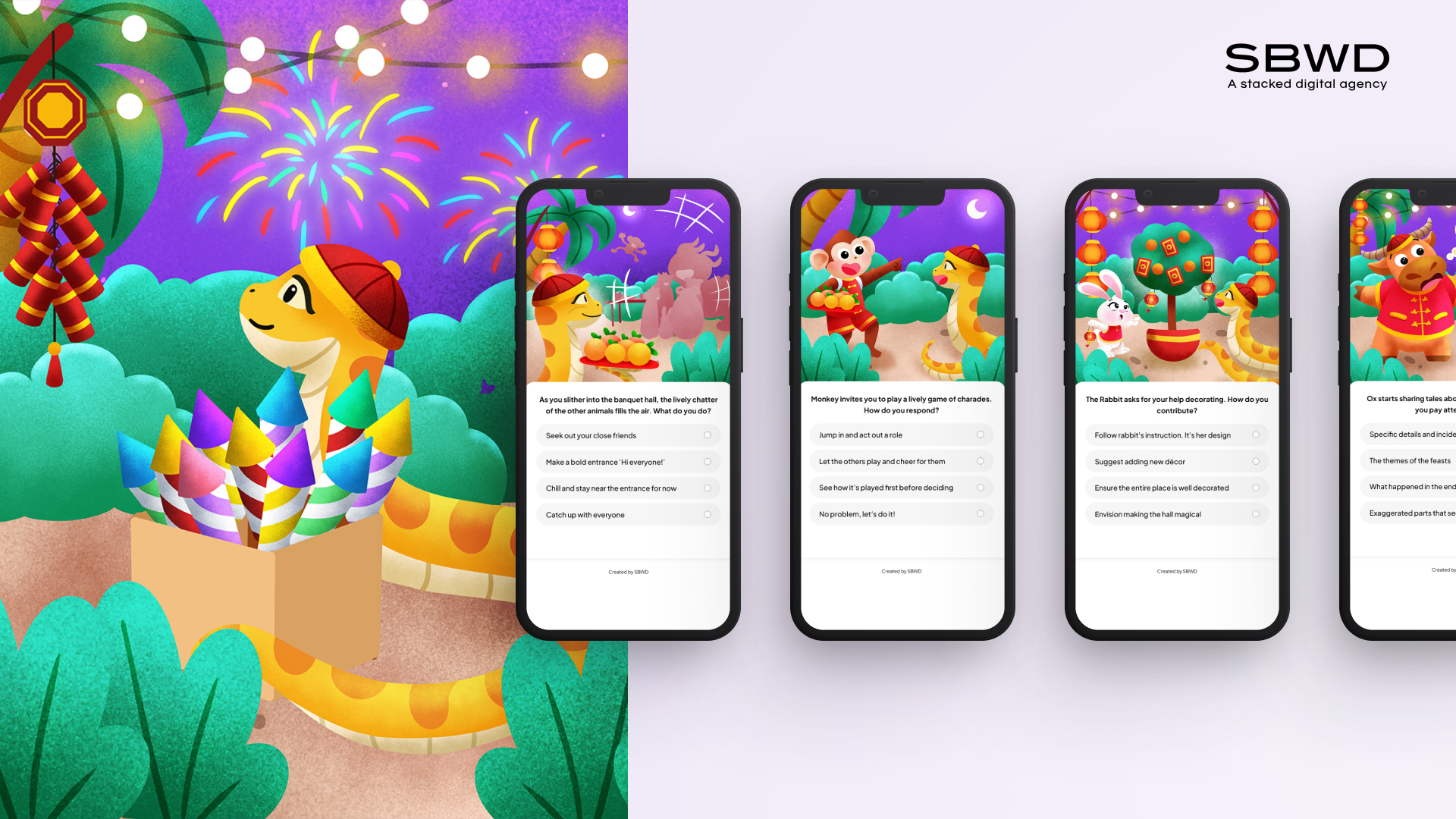 Colorful cartoon snake festival and mobile app design by a Singapore digital agency.