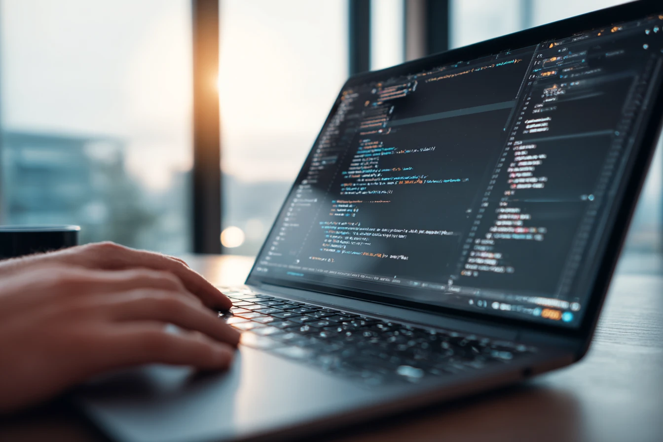 Close-up of a laptop with HTML_CSS code on screen, hands typing, in a modern workspace with natural lighting.