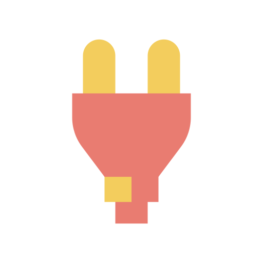 Icon of a red plug with two yellow prongs illustrated on a white background.