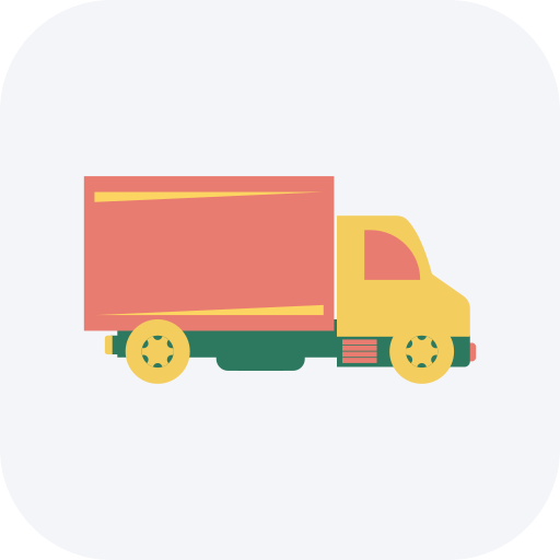 A colorful, minimalist illustration of a delivery truck on a plain background.