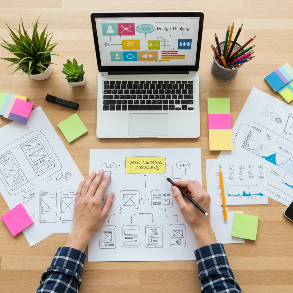 Designers collaborating on UX wireframes with sketches, sticky notes, and a laptop