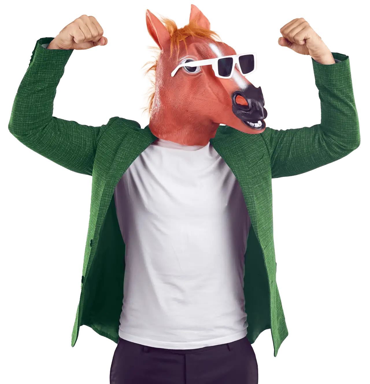 A person in a horse mask flexes in a green jacket and white sunglasses.